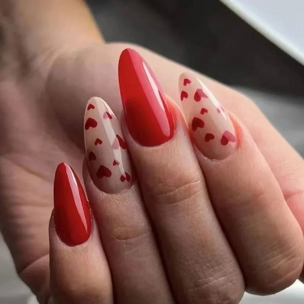 MISUD Valentine's Day Press on Nails Medium Almond Fake Nails with Design 24 pcs
